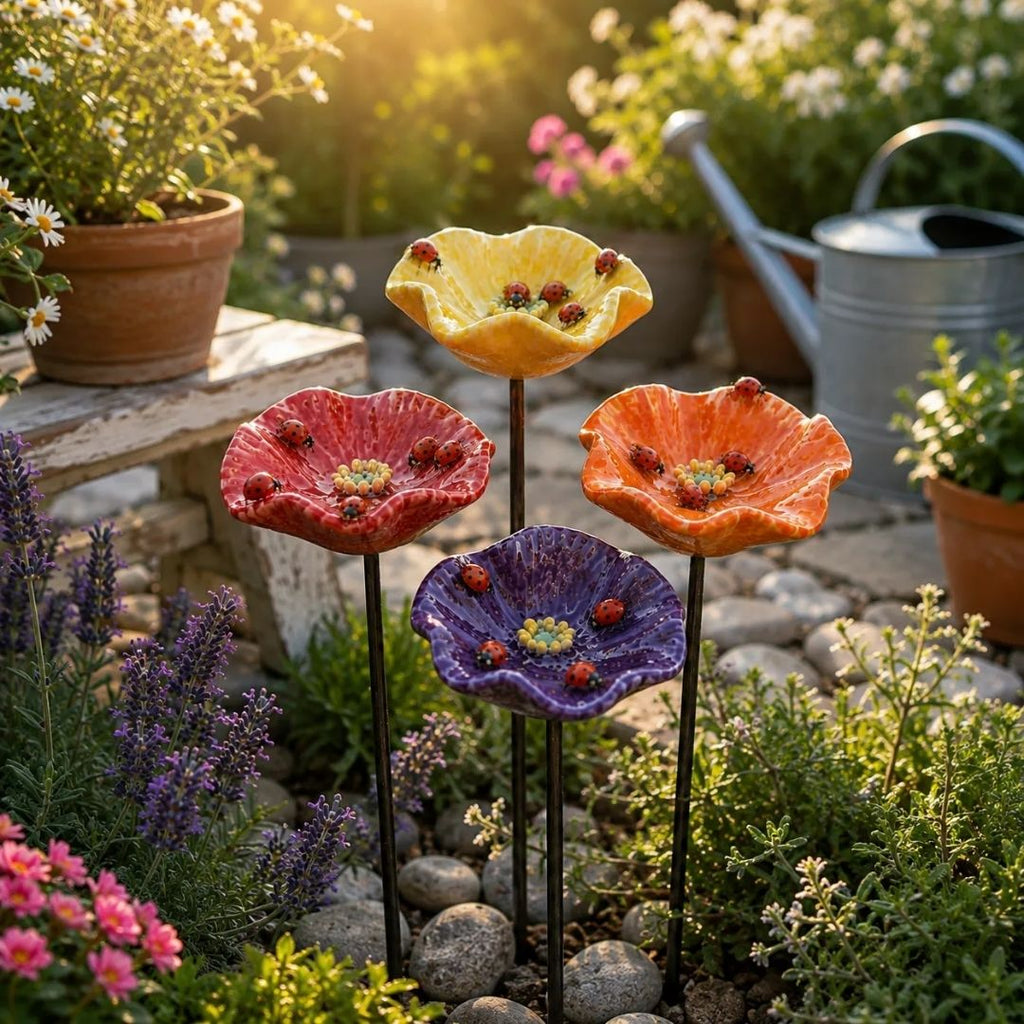 Handgemaakte Lieveheersbeestjesbloemen – weerbestendige keramische drinkbloemen, set van 4