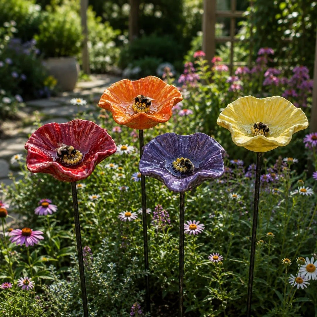 Fleurs à Bourdons Faites à la Main – abreuvoirs en céramique résistants aux intempéries pour bourdons, lot de 4.