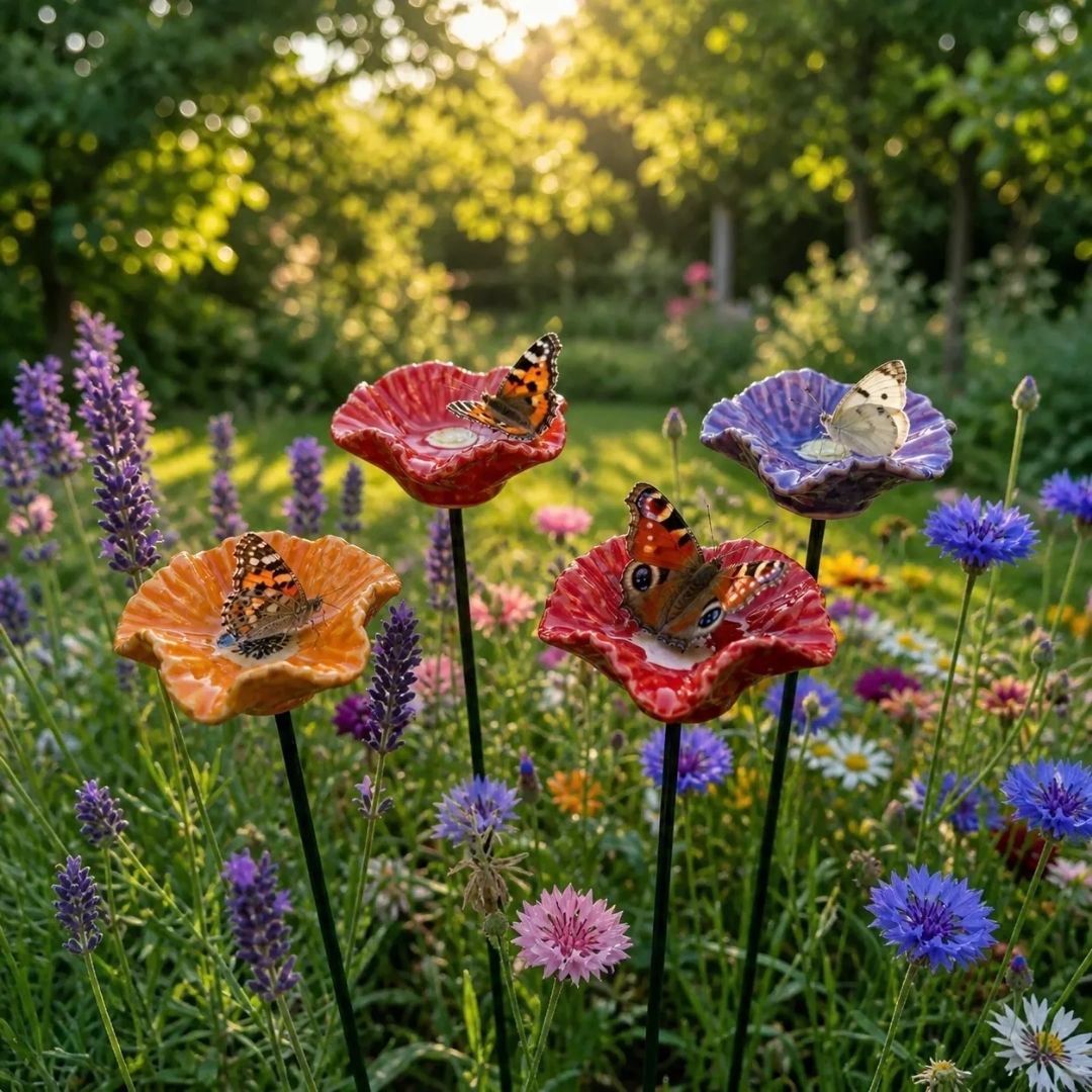 Abreuvoirs faits à la main en forme de fleur de papillon – abreuvoirs en céramique résistants aux intempéries, lot de 4