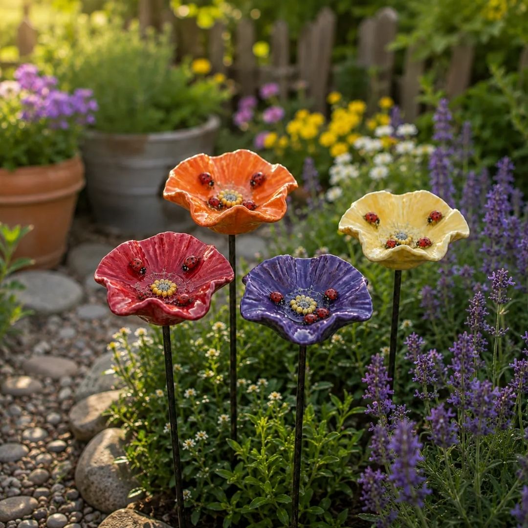 Handgemaakte Lieveheersbeestjesbloemen – weerbestendige keramische drinkbloemen, set van 4