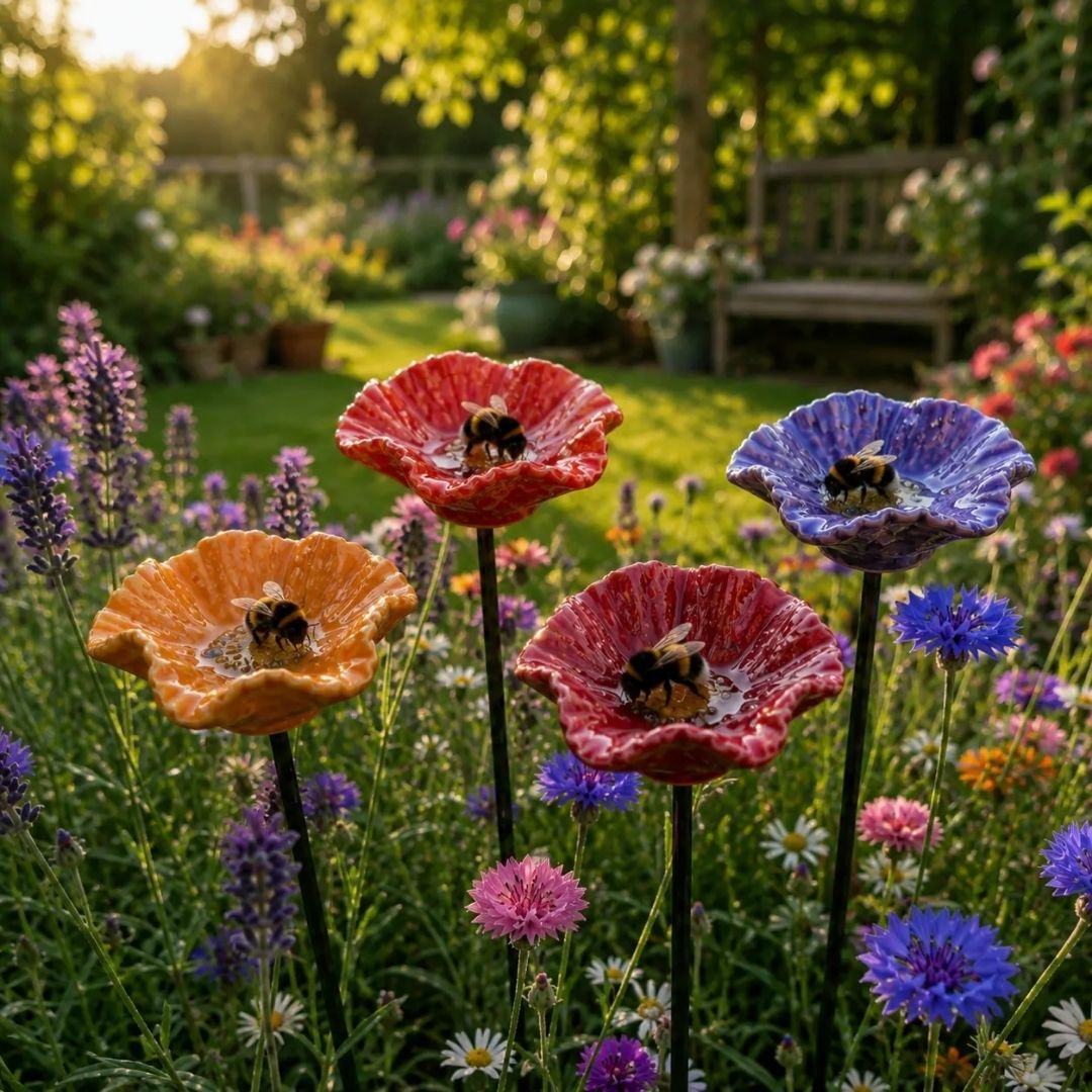 Fleurs à Bourdons Faites à la Main – abreuvoirs en céramique résistants aux intempéries pour bourdons, lot de 4.
