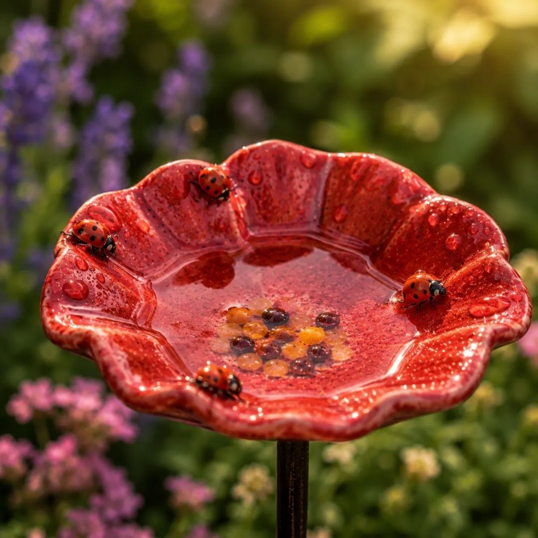 Handgemaakte Lieveheersbeestjesbloemen – weerbestendige keramische drinkbloemen, set van 4