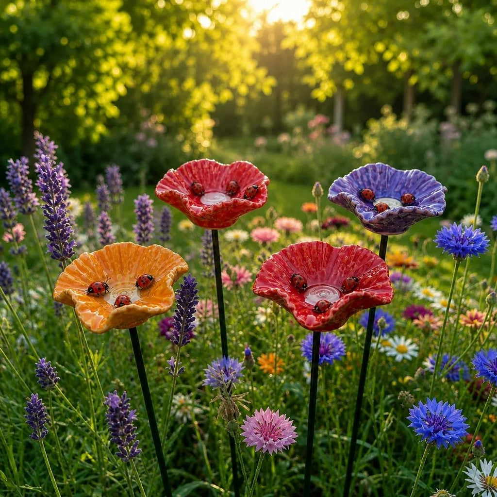 Handgemaakte Lieveheersbeestjesbloemen – weerbestendige keramische drinkbloemen, set van 4