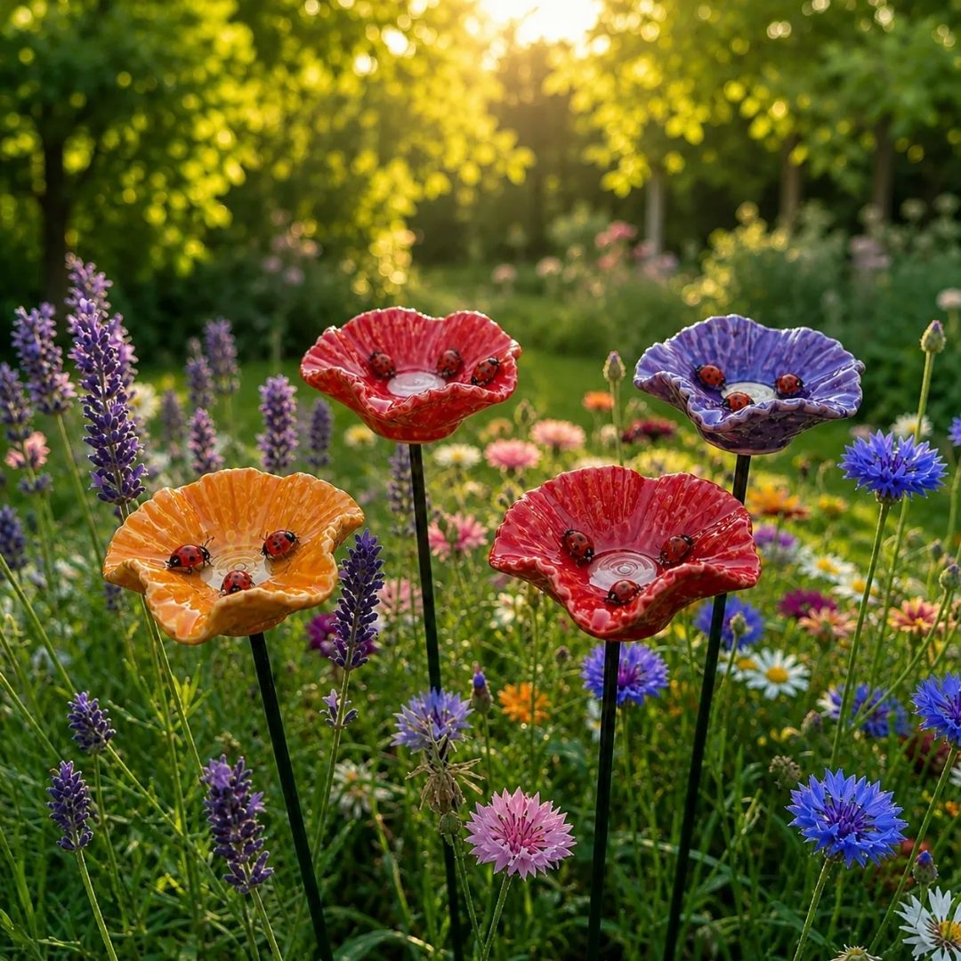 Handgemaakte Lieveheersbeestjesbloemen – weerbestendige keramische drinkbloemen, set van 4