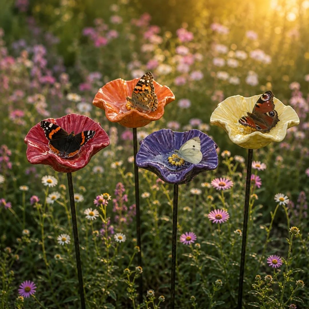 Abreuvoirs faits à la main en forme de fleur de papillon – abreuvoirs en céramique résistants aux intempéries, lot de 4