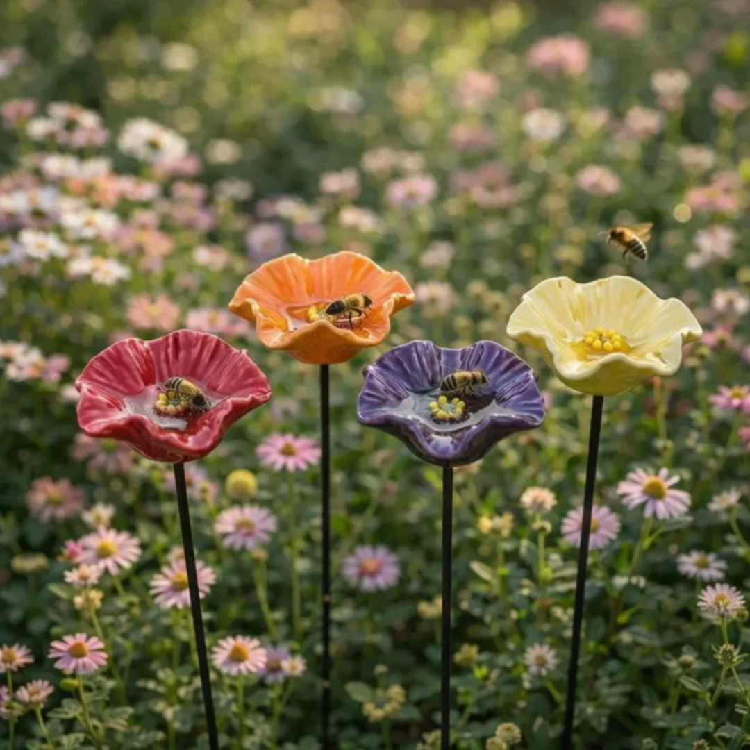 Handgemaakte Bijenbloesems – Weerbestendige Keramische Drinkbakjes voor Bijen, Set van 4