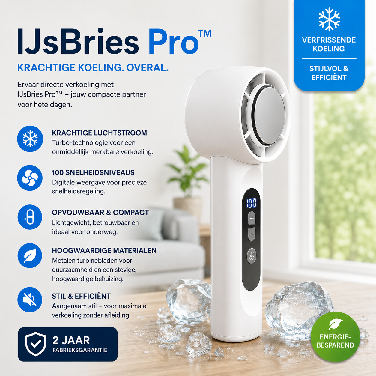 IJsBries Pro™ – Ventilador personal de refrigeración directa activa — 199 modos, un botón y sensación instantánea de frescor