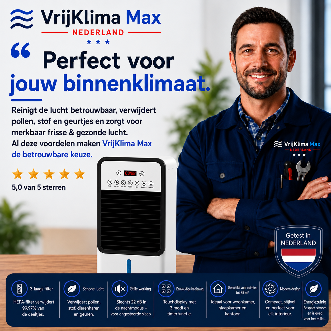 VrijKlima Max - Mobiele allround airconditioner – Koelen in de zomer, verwarmen in de winter | Geen installatie nodig