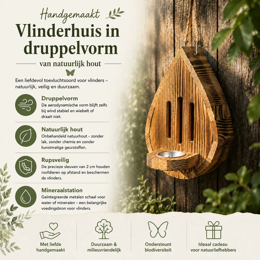 Handgemaakt druppelvormig vlinderhuis van natuurlijk hout vervaardigd