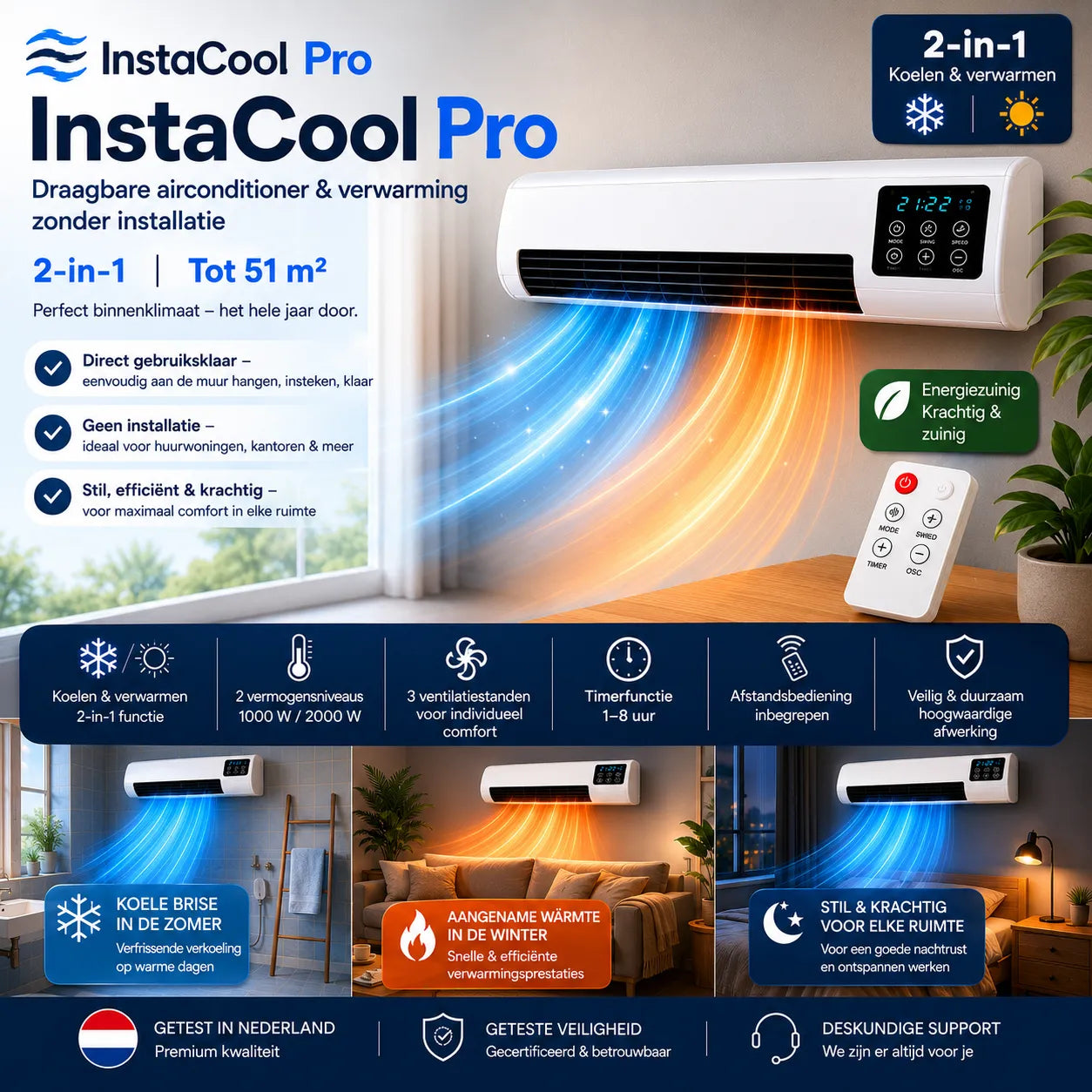 InstaCool Pro – Airco & Verwarming – Geen Installatie Nodig | 2-in-1 | Voor ruimtes tot 51 m²